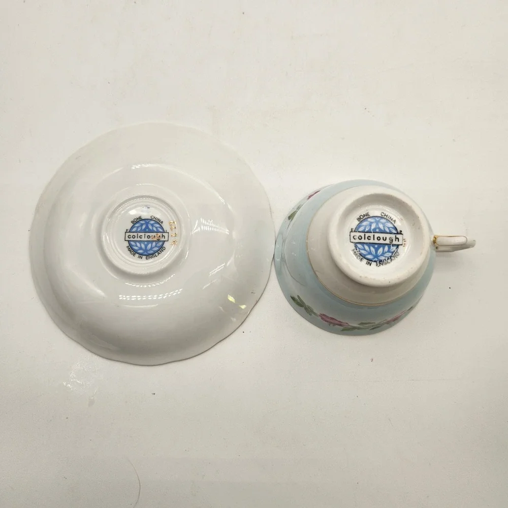 Colclough Bone China Teacup and Saucer Set Pink Roses Light Blue Made in England